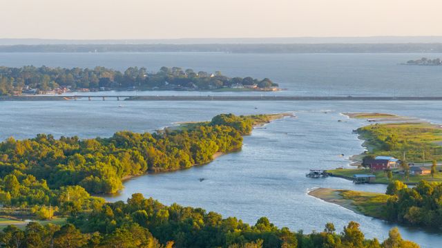 an aerial view of residential houses with outdoor space and lake view