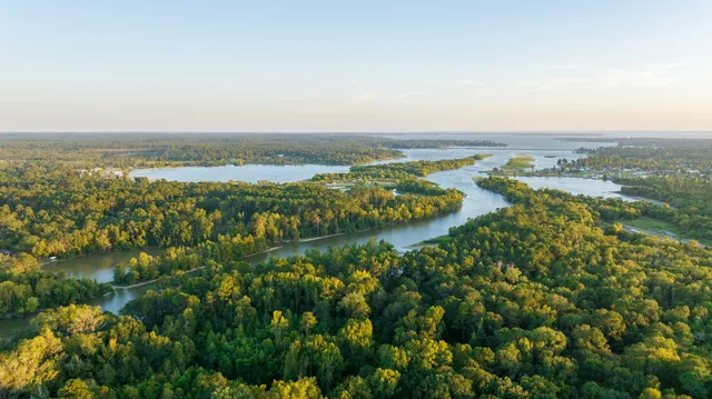 an aerial view of residential houses with outdoor space and lake view