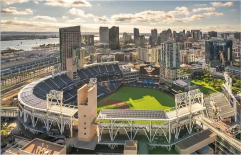 a view of a city with tall buildings