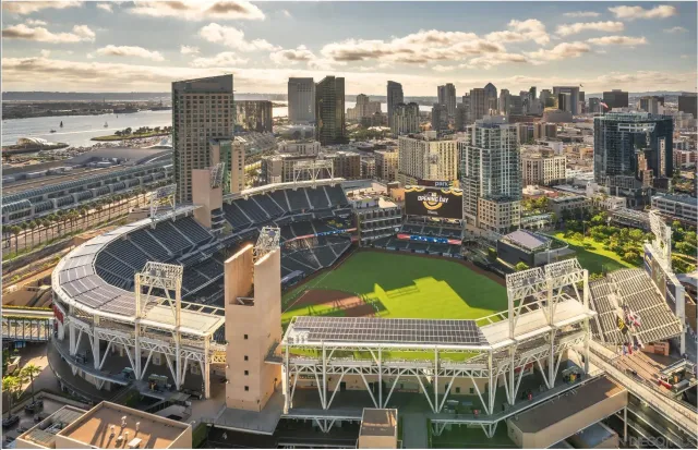 a view of a city with tall buildings