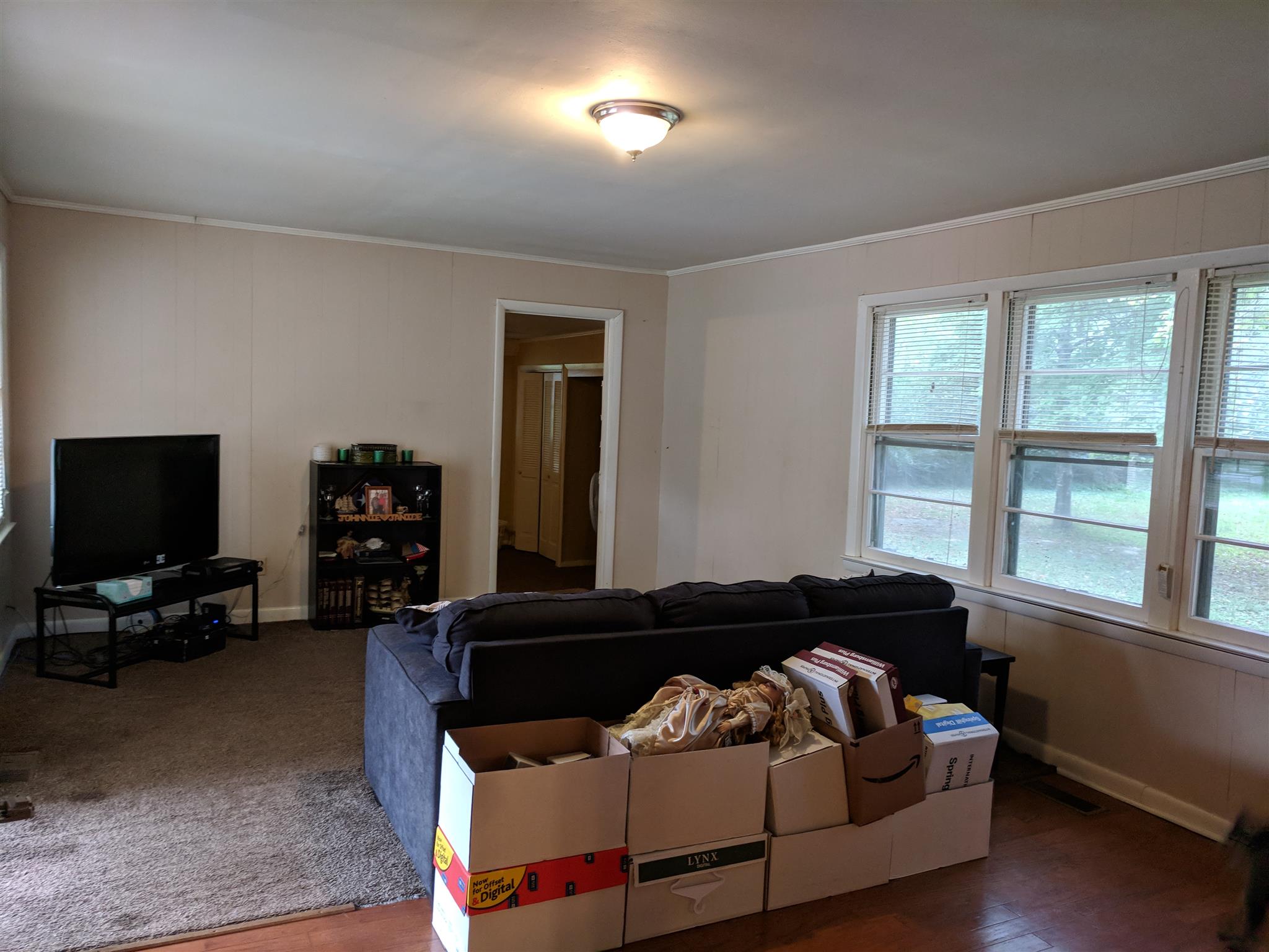 Another view of living room, windows out to back yard. 