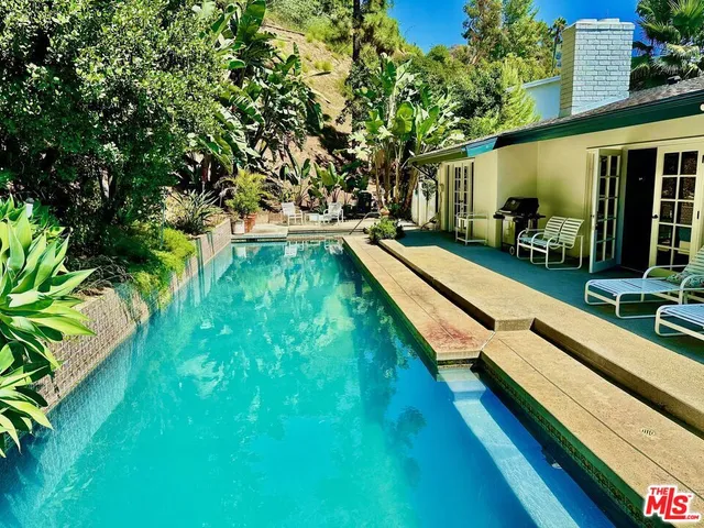 a view of a backyard with plants and a patio