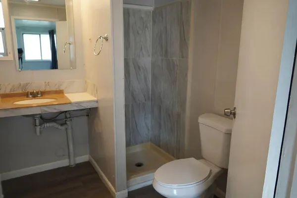 a bathroom with a sink a toilet a mirror and shower