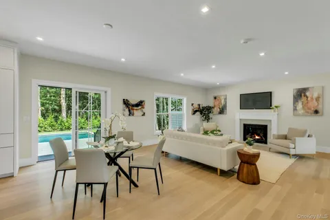 a living room with furniture potted plant and a fireplace