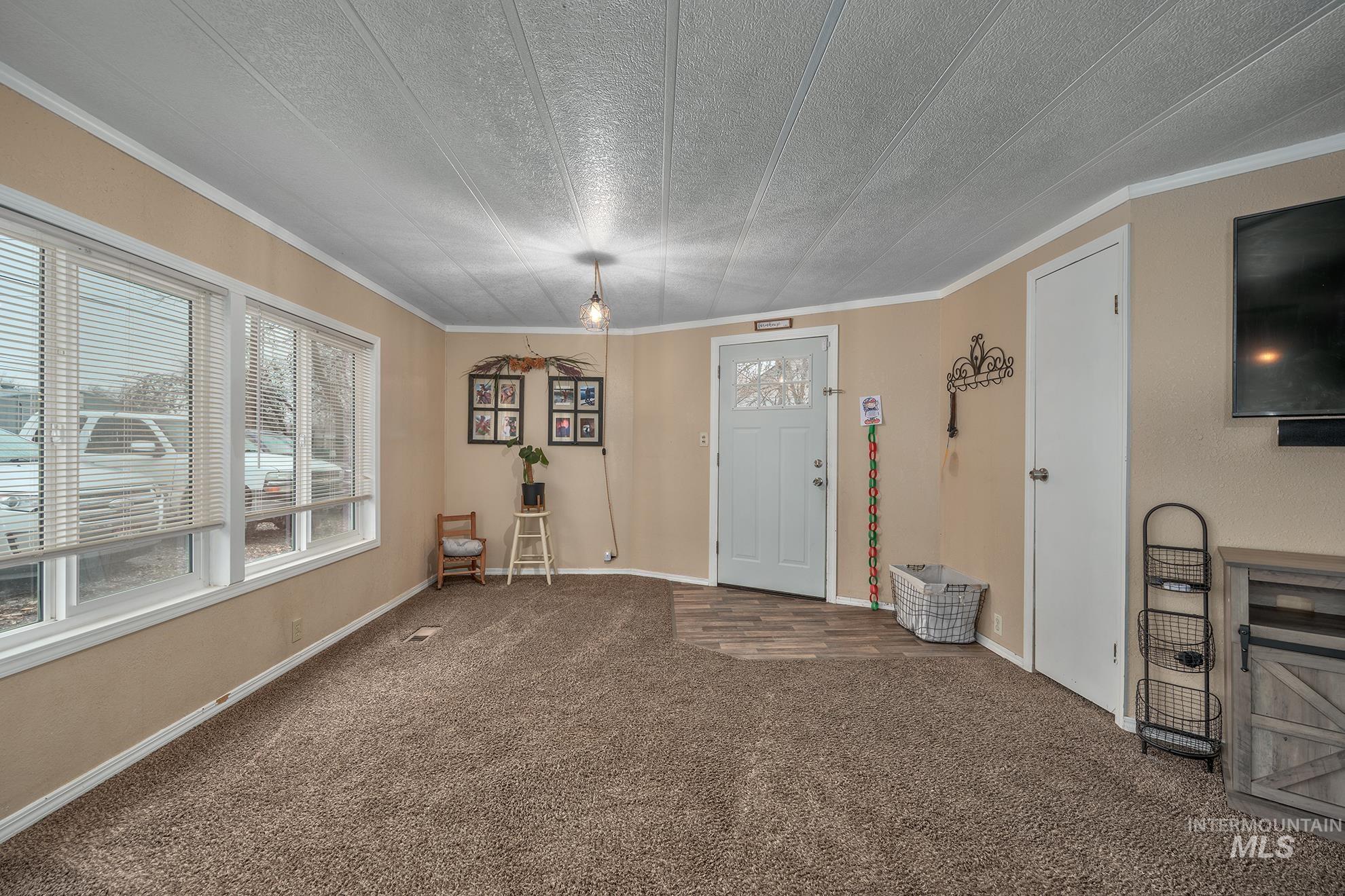 1165 Pioneer Road Weiser, ID 83672 - Photo 9 of 24 Unfurnished living room featuring ornamental molding, carpet flooring, and a textured ceiling