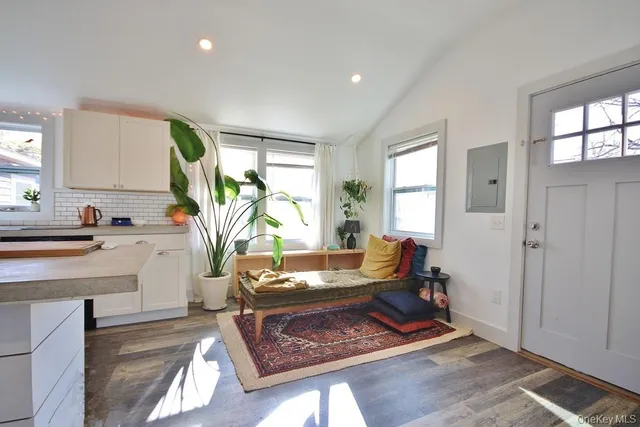 a living room with furniture potted plant and window