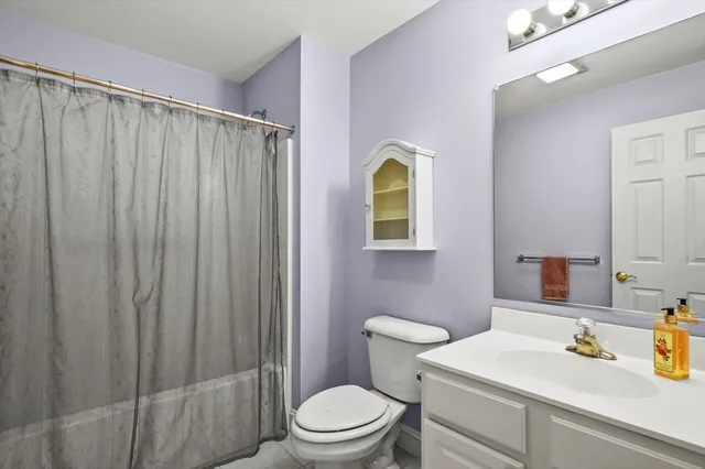 a bathroom with a sink a toilet and shower curtain