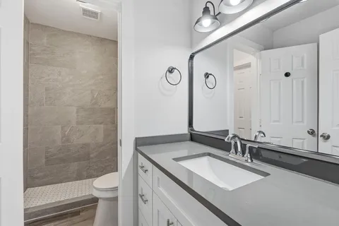 a bathroom with a sink a toilet a mirror and shower