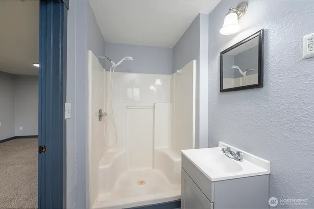 a bathroom with a sink mirror and a shower