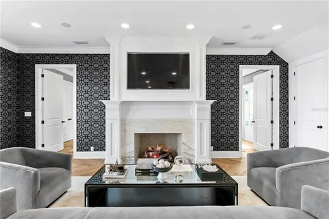 a view of a lake with a terrace