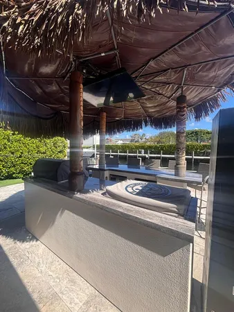 a view of a garage with sitting area