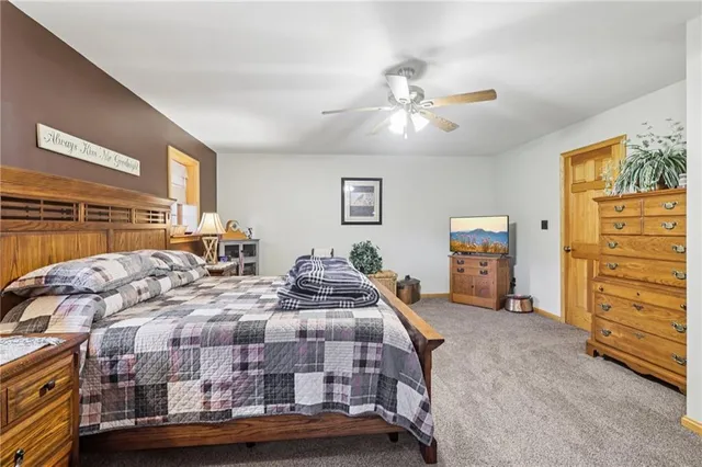 a bedroom with a bed and closet