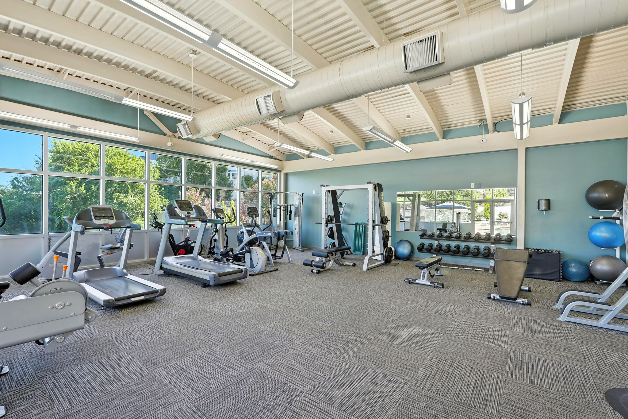 2918 Ranch Road 620 North, Unit C115 Austin, TX 78734 - Photo 26 of 39 Exercise room with carpet, a high ceiling, and beam ceiling