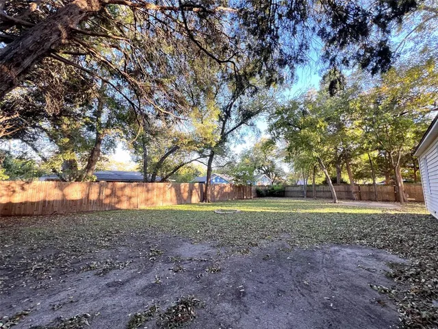 a view of dirt yard with large trees