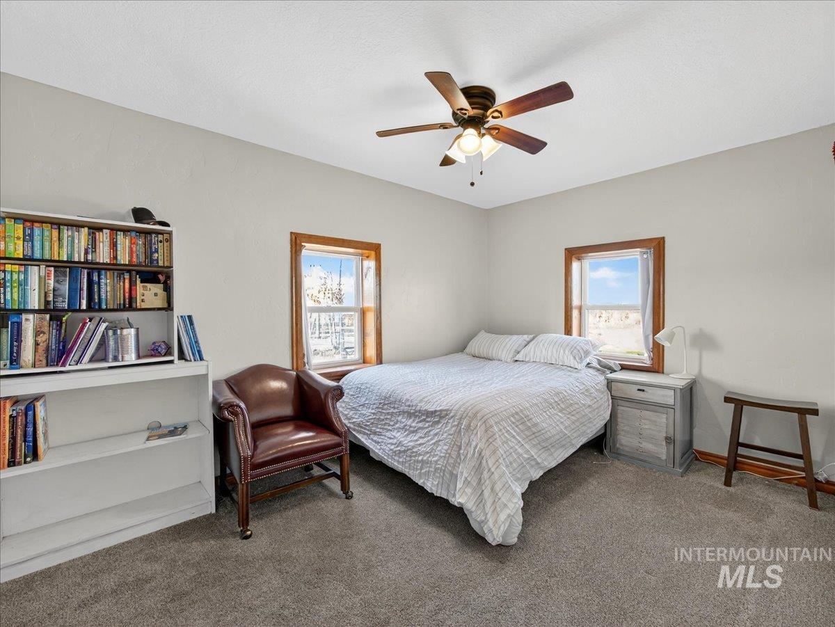 2588 West Sales Yard Road Emmett, ID 83617 - Photo 30 of 49 Bedroom featuring multiple windows, a ceiling fan, and carpet flooring