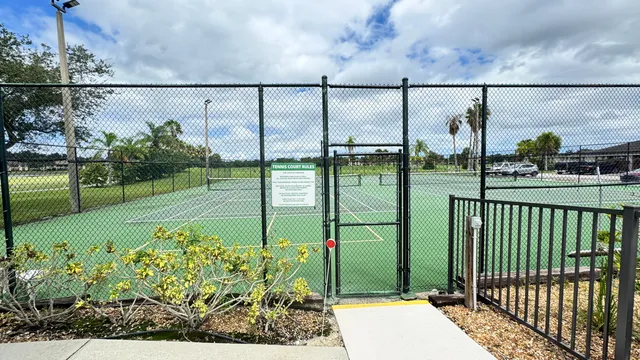 a view of a swimming pool with a plants and some trees