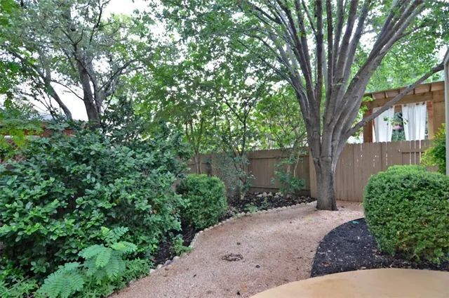 a backyard of a house with plants and large tree