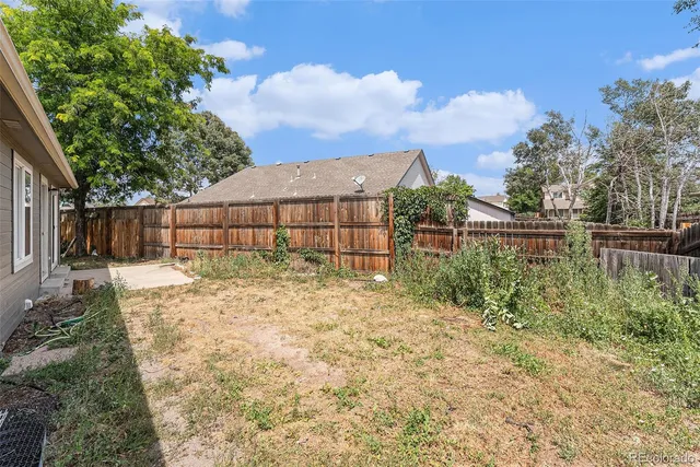 a view of a backyard with large trees and wooden fence
