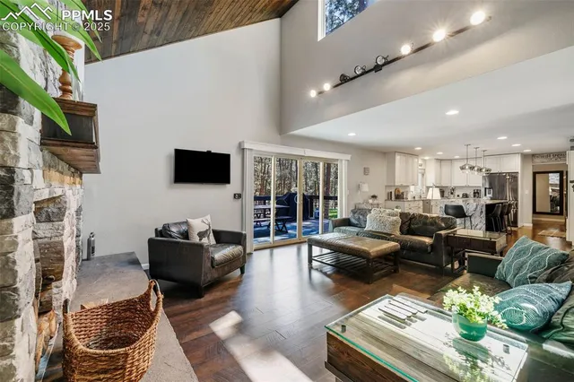 a living room with fireplace furniture and a flat screen tv