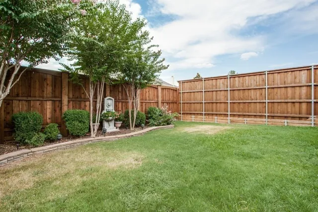 a view of backyard with potted plants and large tree