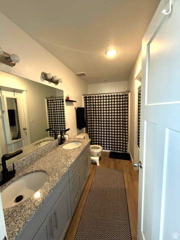 327 West Main Street, Unit 14 Santaquin, UT 84655 - Photo 19 of 20 Full bathroom with double vanity, dark wood-style flooring, and a textured ceiling