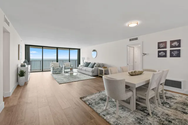 a view of a dining room with furniture