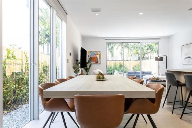 a view of a dining room with furniture window and outside view