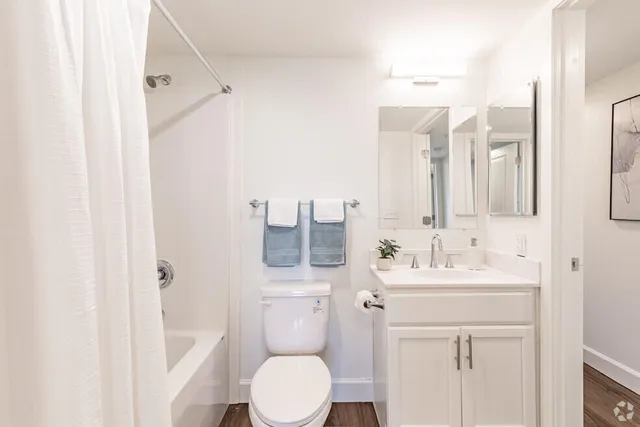 a bathroom with a sink a toilet and shower