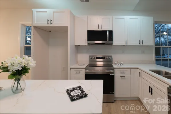 a kitchen with a sink a stove and cabinets