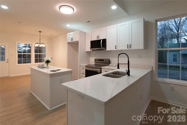 a kitchen with a sink a stove and cabinets