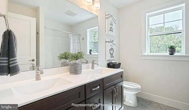 a bathroom with a double vanity sink toilet and a mirror