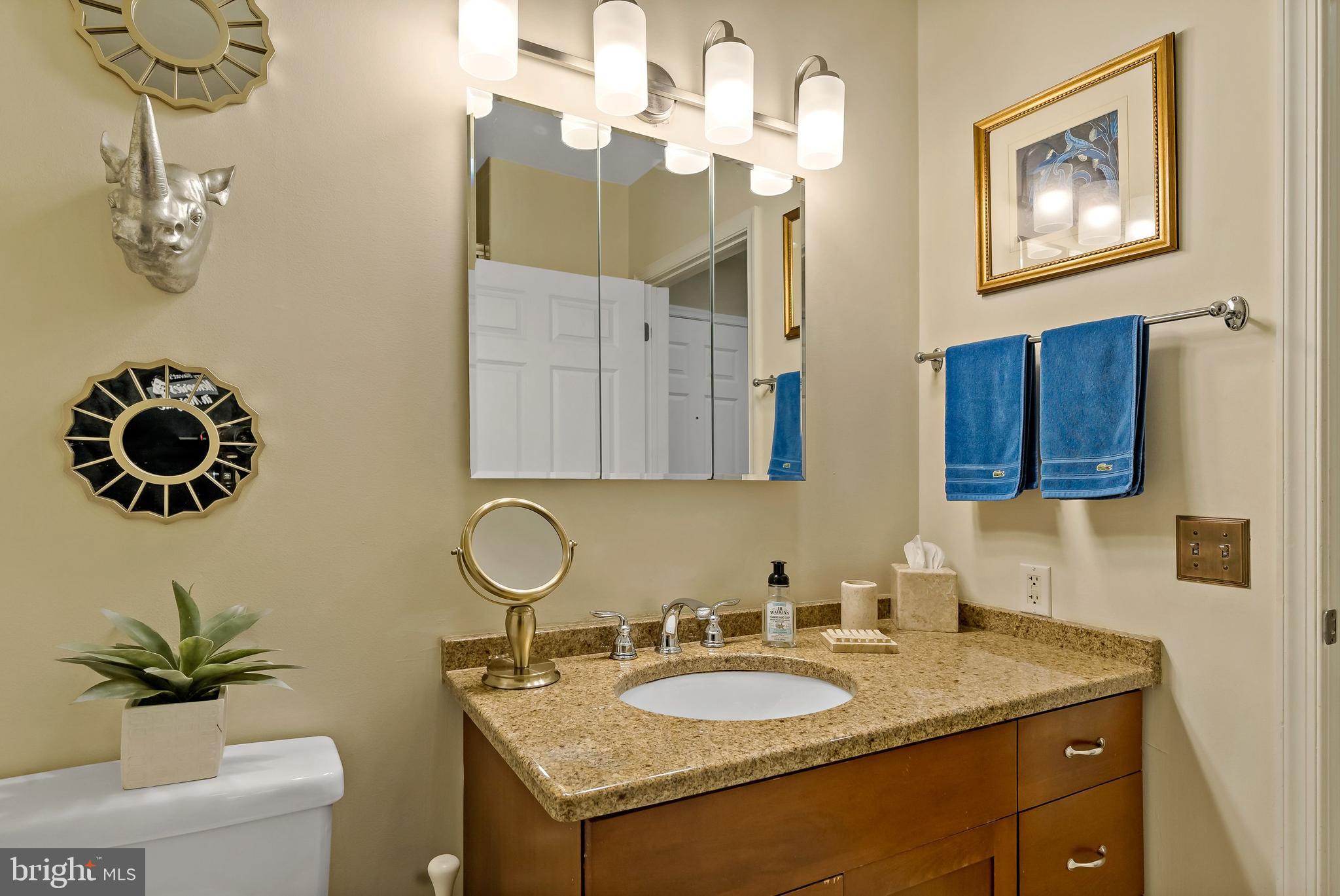 1600-18 Arch Street, Unit 1410 Philadelphia, PA 19103 - Photo 11 of 25 a bathroom with a granite countertop sink a mirror and vanity