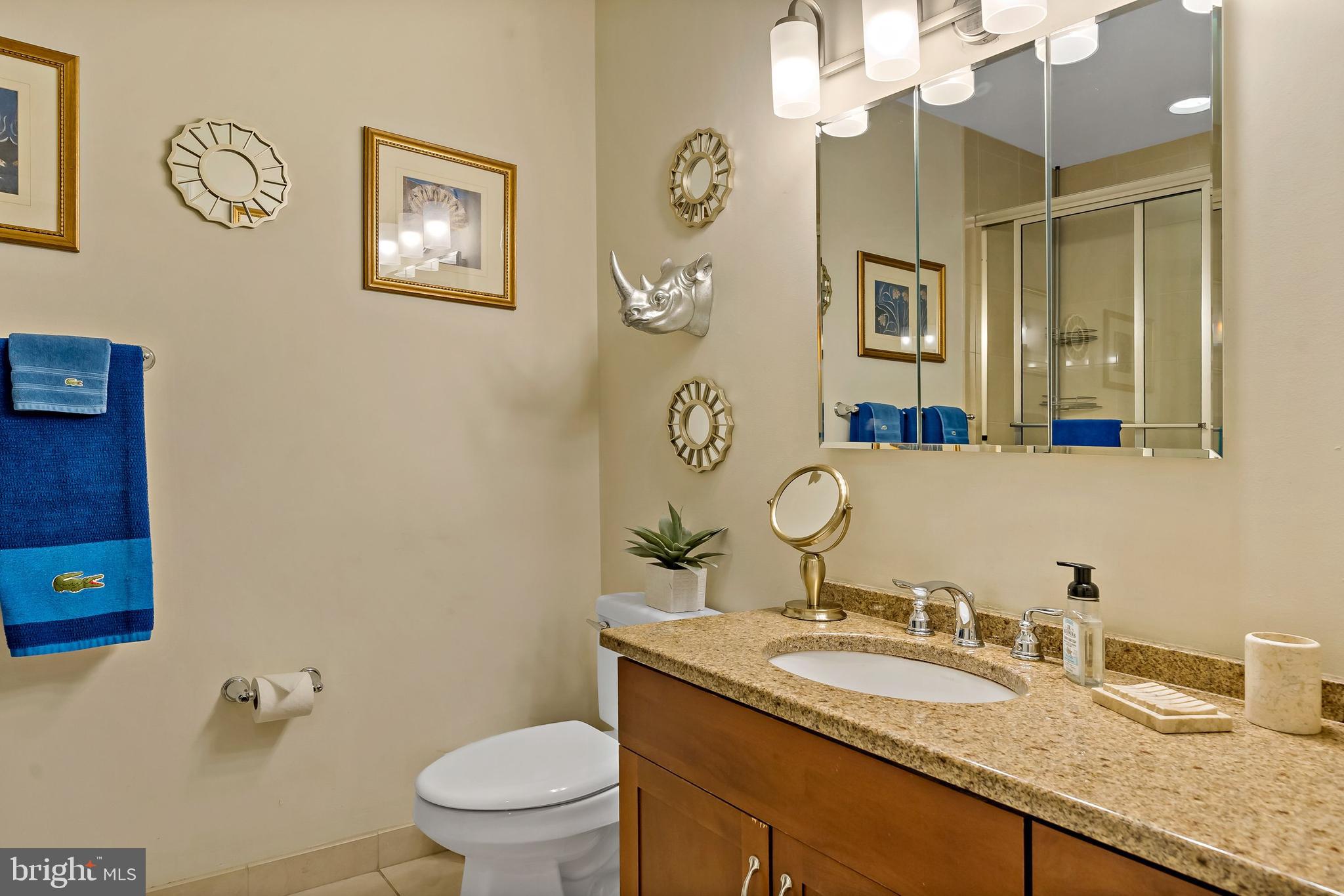 1600-18 Arch Street, Unit 1410 Philadelphia, PA 19103 - Photo 10 of 25 a bathroom with a granite countertop toilet sink and mirror