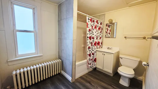 a bathroom with a toilet and a shower curtain