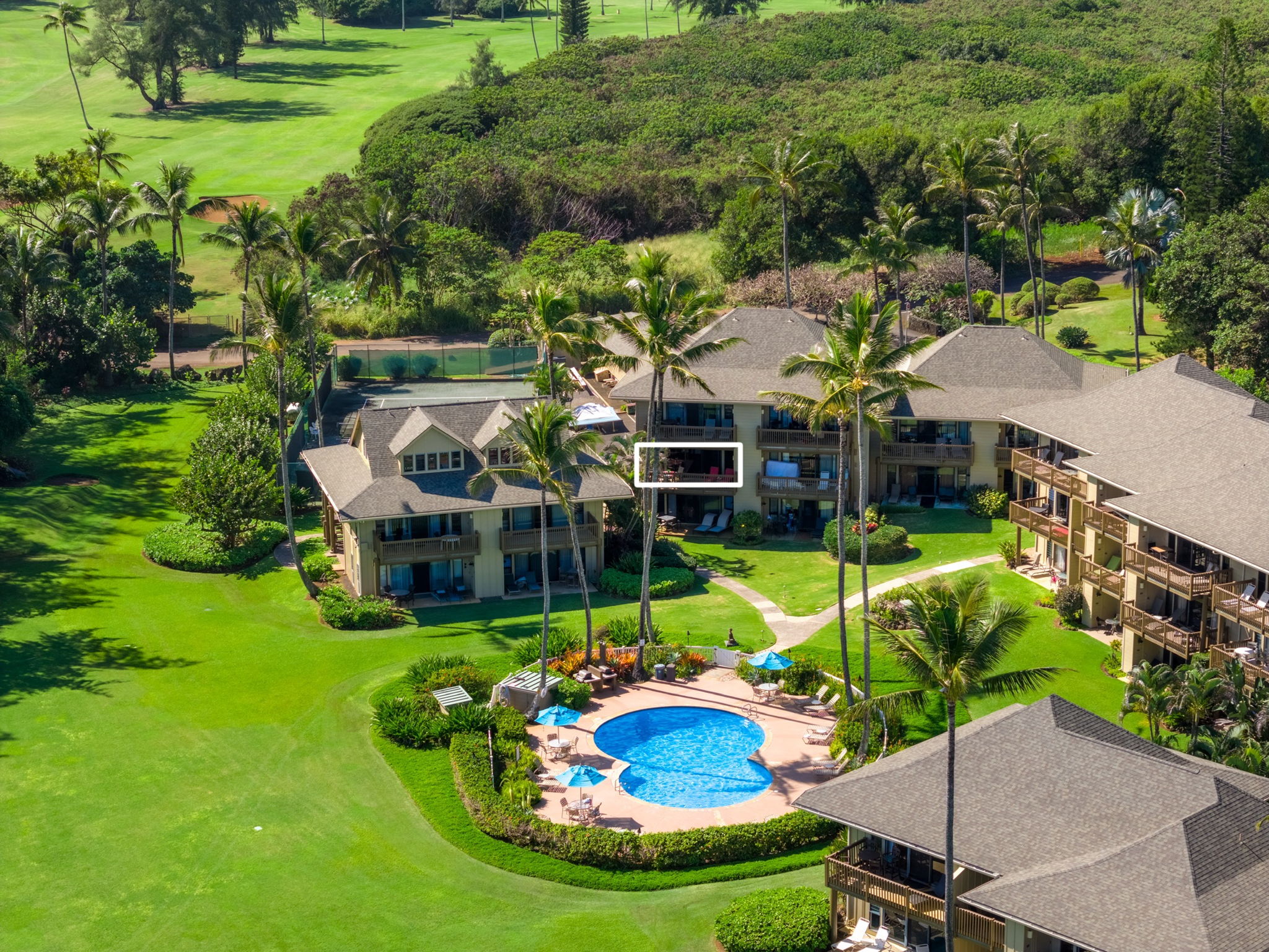 4460 Nehe Road, Unit 203 Lihue, HI 96766 - Photo 26 of 26 an aerial view of a house with swimming pool patio and outdoor seating