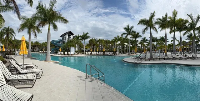 a view of a lake with a patio