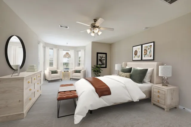 a bed room with a bed and a chandelier