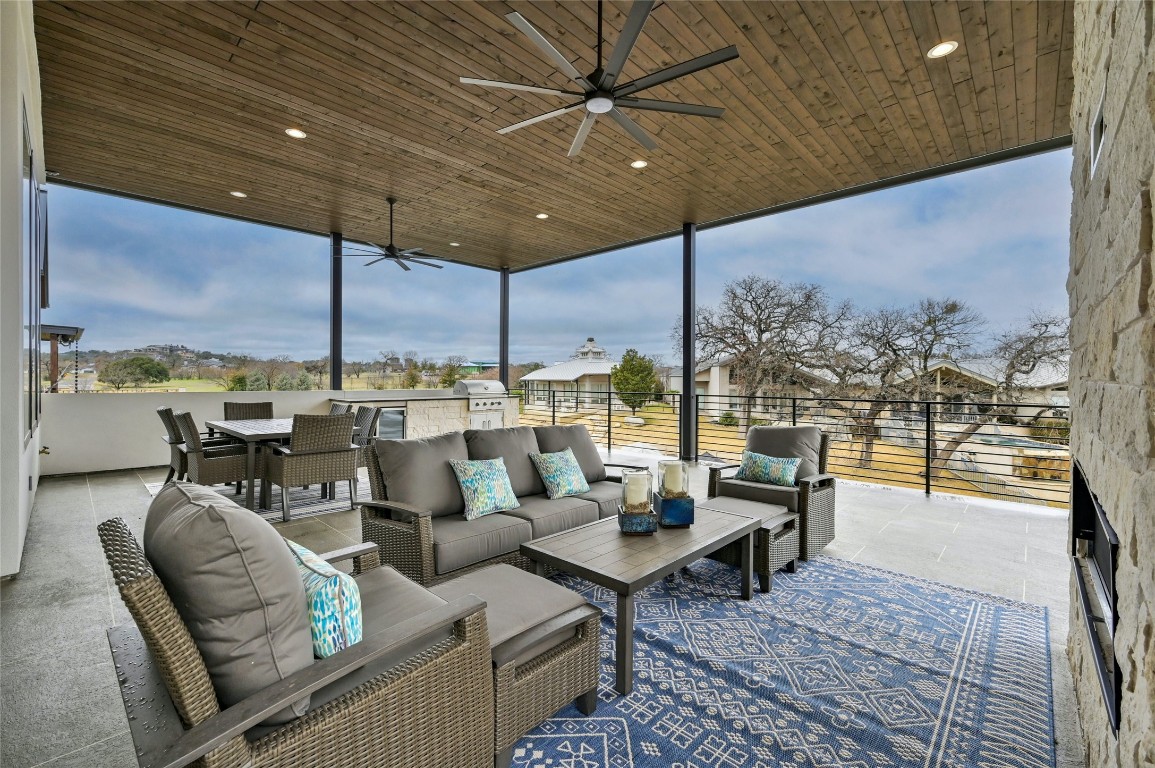a living room with patio furniture