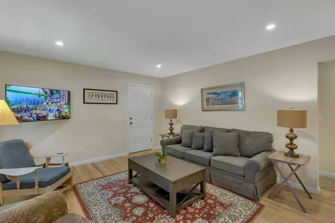 a living room with furniture and a rug