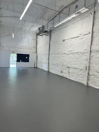 a view of a garage with a fireplace