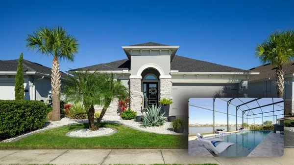 a view of a patio with table and chairs potted plants and palm tree