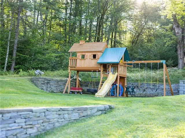 a view of playground with a slide and a park