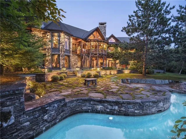 a view of a town with large trees