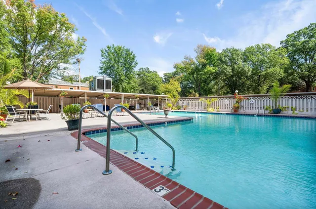 a view of a swimming pool with a patio and a garden