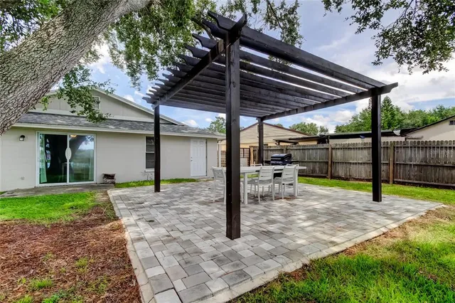 a view of a backyard with a patio