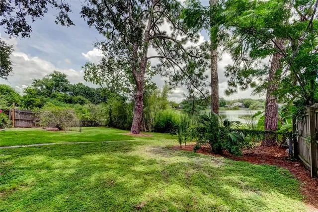 a view of a grassy field with trees in the background