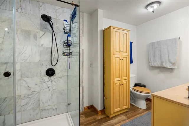a bathroom with a sink toilet and shower