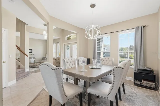 a view of a dining room with furniture window and outside view