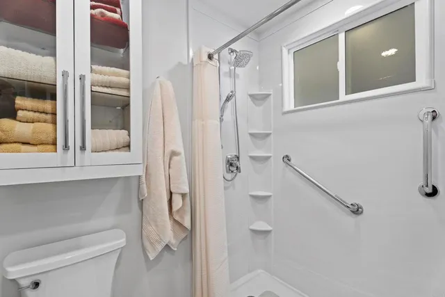 a bathroom with a shower and toilet