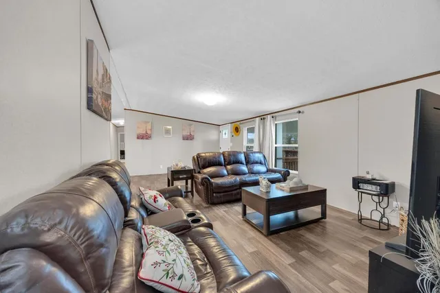a living room with furniture rug and wooden floor